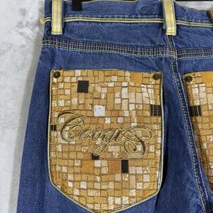 Coogi Jeans Hip Hop Mens 34x32 Embroidered Pockets Gold Leather Trim Dark Wash